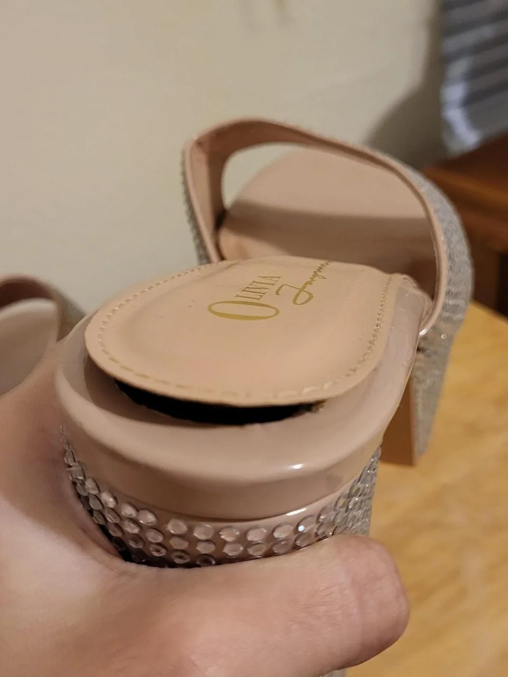 Platform Mule Heels with Crystal Embellishment - Nude